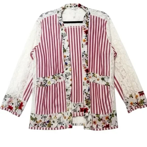 POL Lace Boho Striped Cardigan Layering Kimono Floral Patchwork Detail Med NEW - Picture 8 of 10